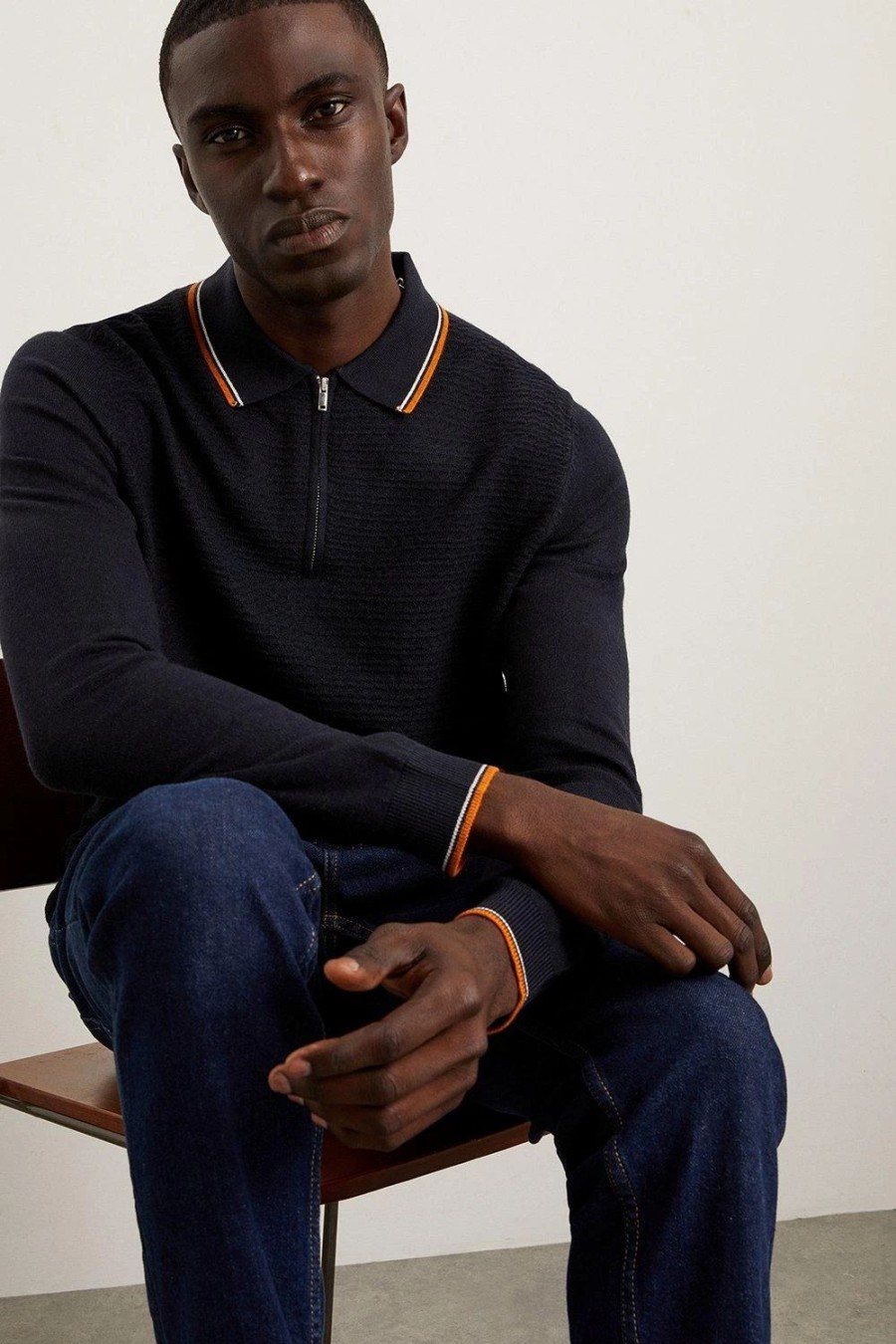 Polo Shirts * | Burton Super Soft Tipped Texture Knitted Zip Polo Shirt Navy