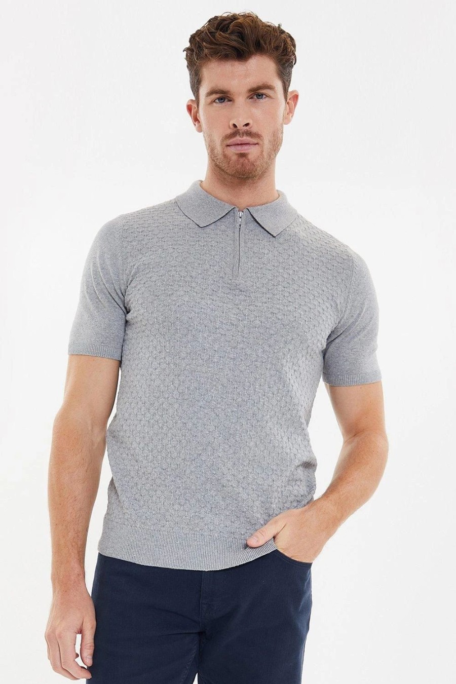 Polo Shirts * | Threadbare 'Hartington' Cotton Rich 1/4 Zip Textured Knitted Polo Grey