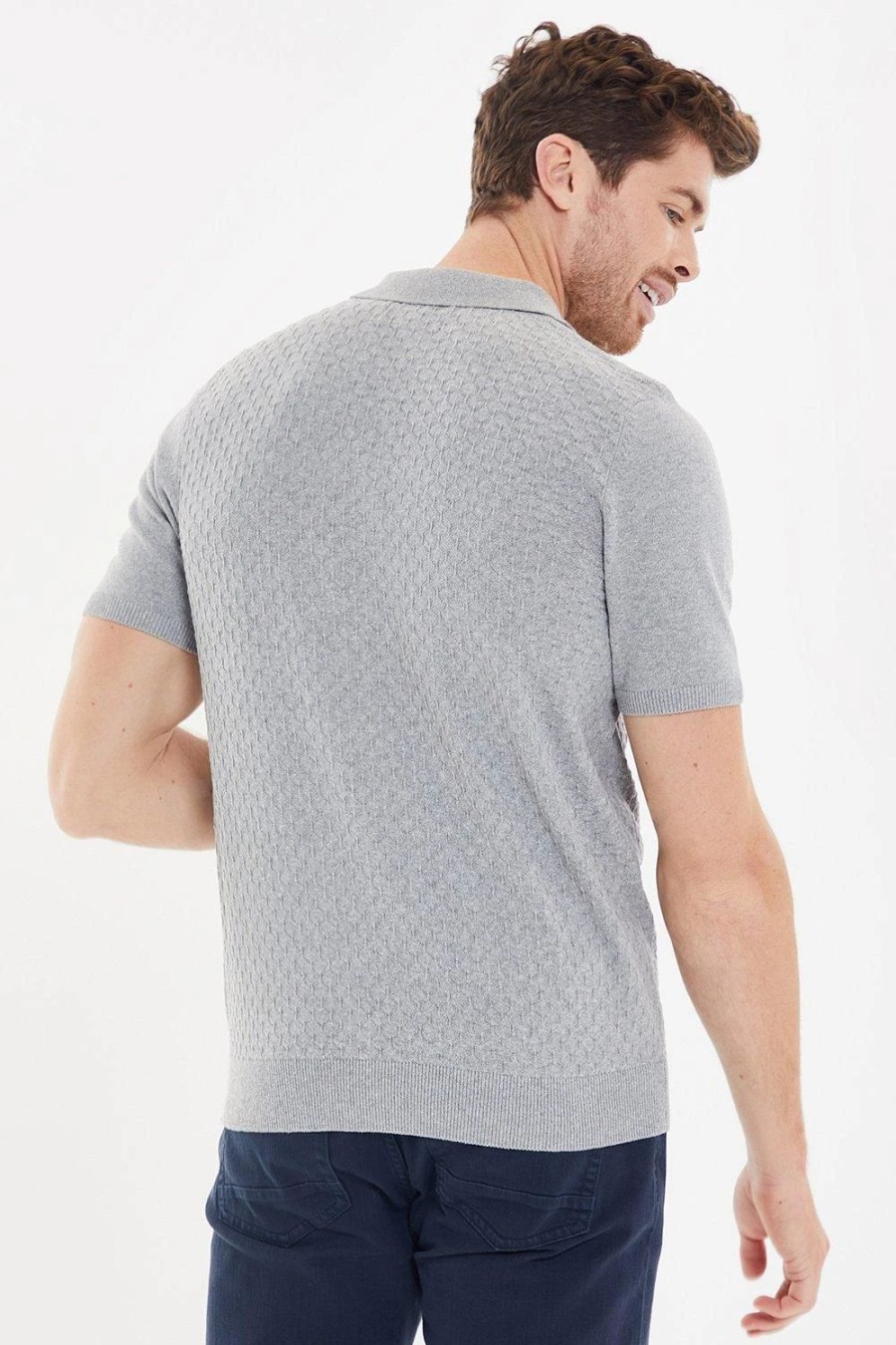 Polo Shirts * | Threadbare 'Hartington' Cotton Rich 1/4 Zip Textured Knitted Polo Grey