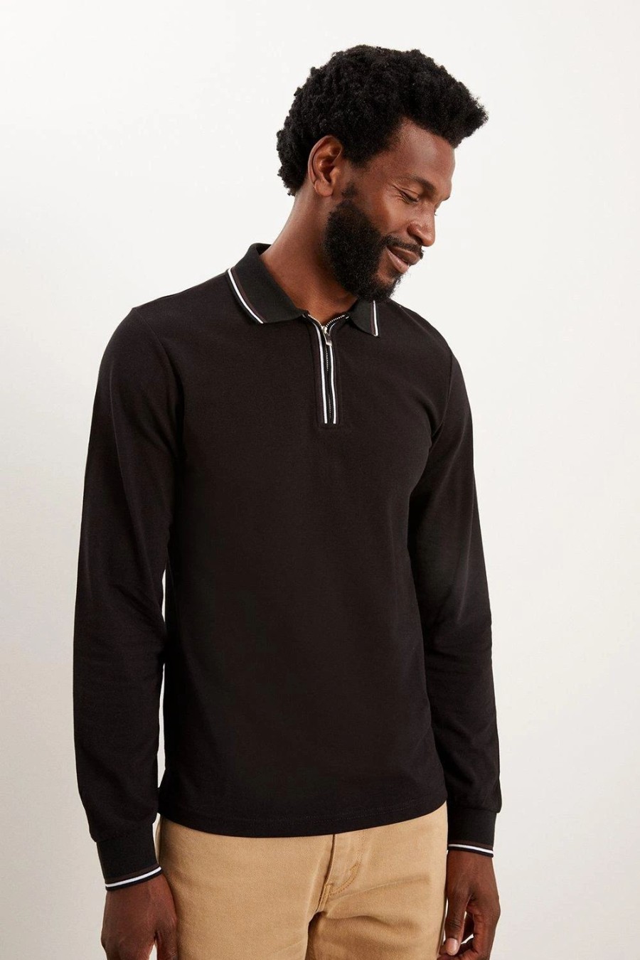 Polo Shirts * | Burton Long Sleeve Tipped Collar Polo Shirt Black