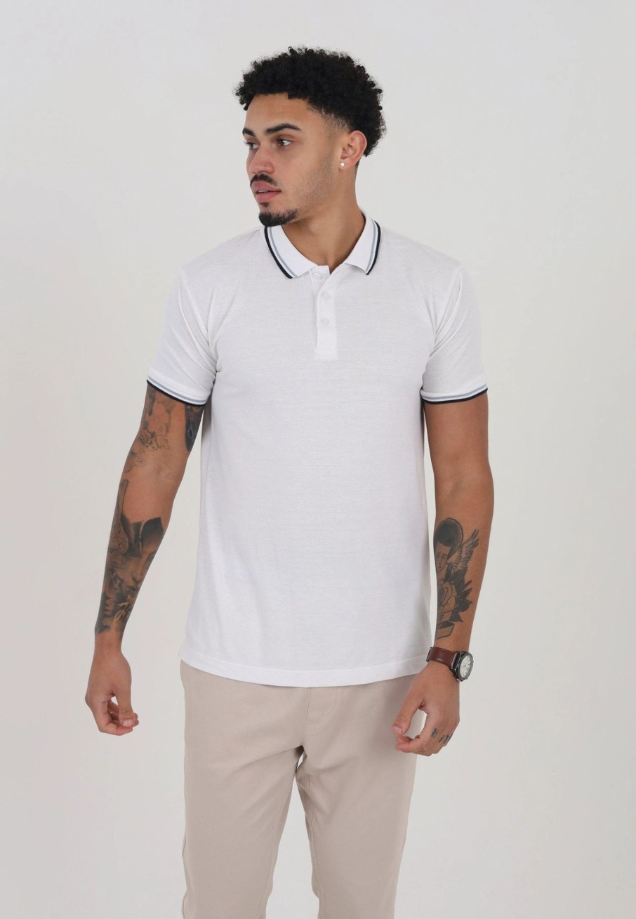 Polo Shirts * | Brave Soul 'Ohma' Short Sleeve Pique Polo Shirt With Contrast Tipping White