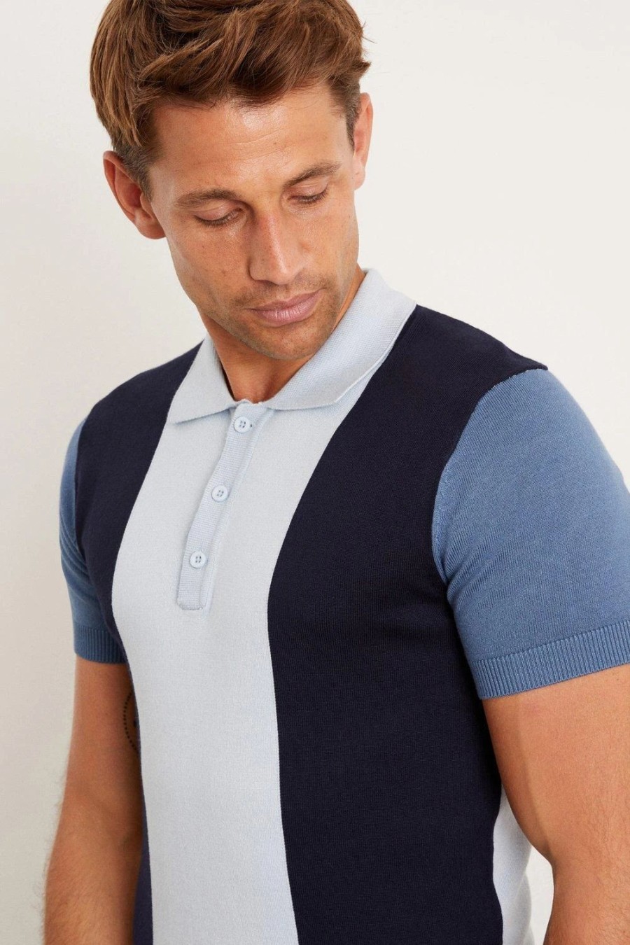 Polo Shirts * | Burton Short Sleeve Colour Block Knitted Polo Navy