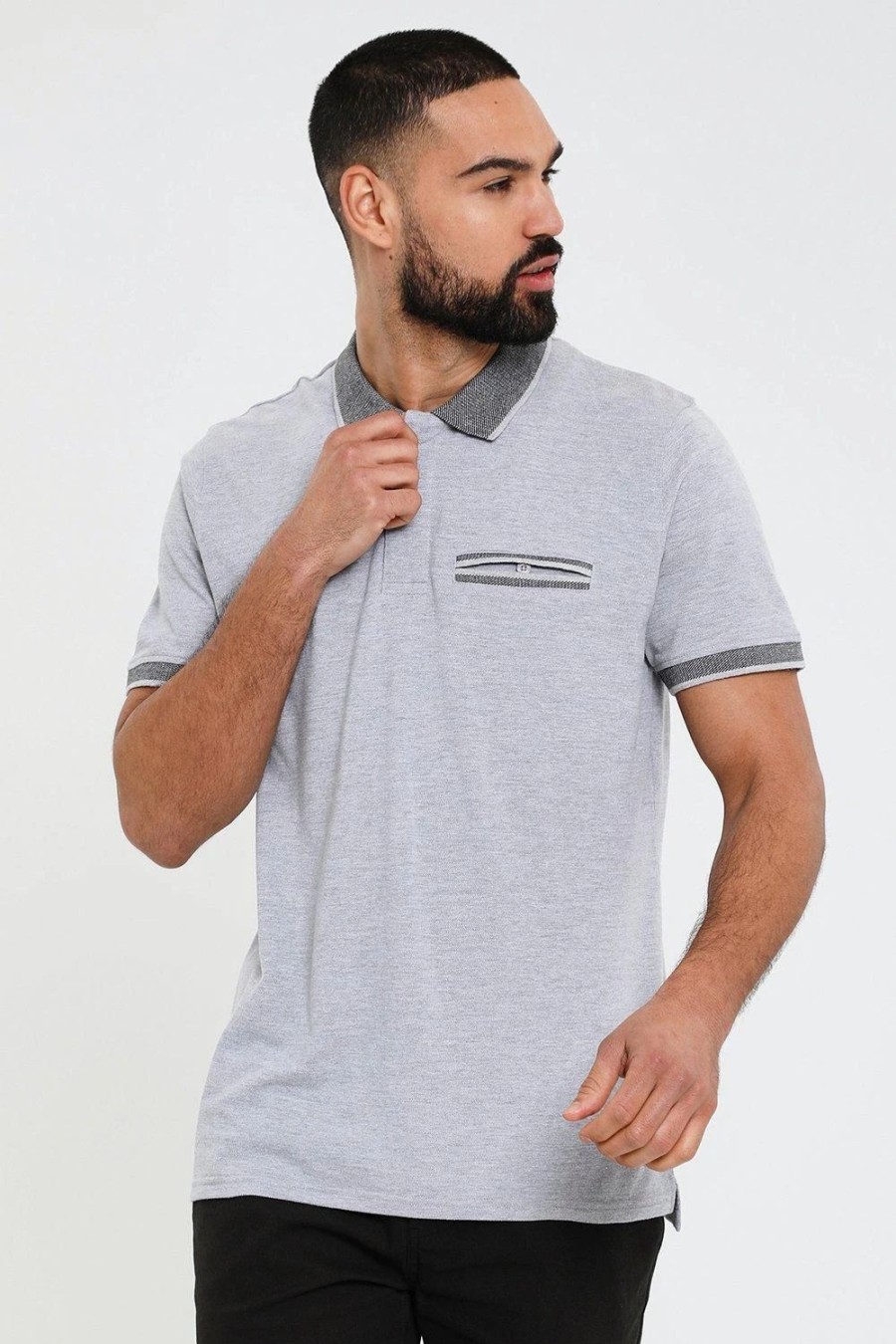 Polo Shirts * | Threadbare 'Mansfield' Checked Collar Pique Polo Shirt Grey