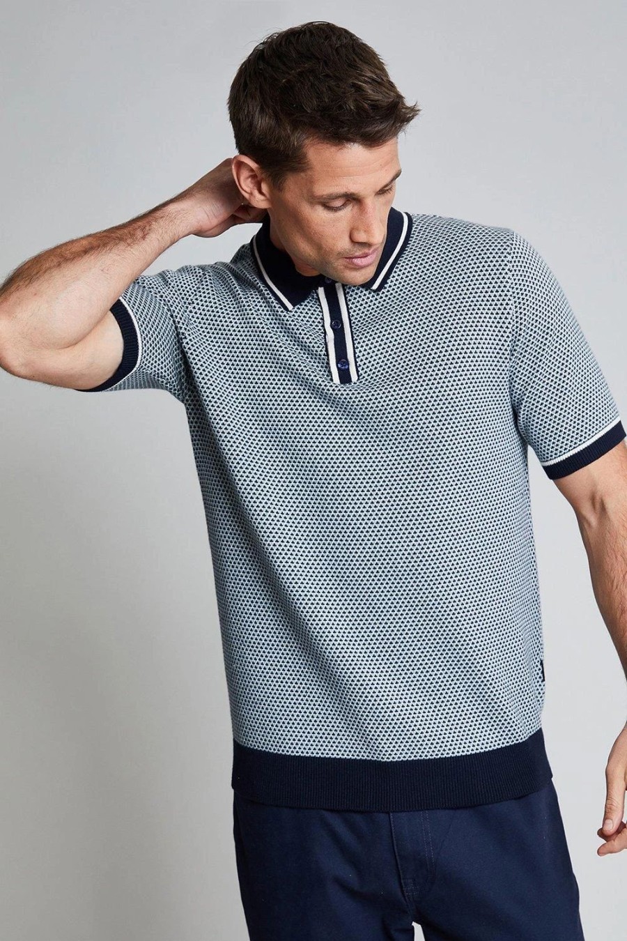 Polo Shirts * | Threadbare 'Waltham' Luxe Cotton Geometric Knitted Polo Blue