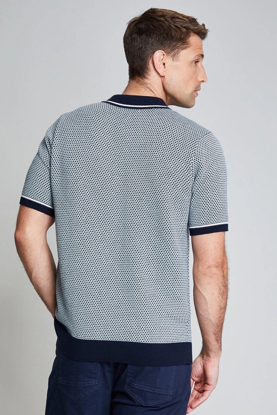 Polo Shirts * | Threadbare 'Waltham' Luxe Cotton Geometric Knitted Polo Blue