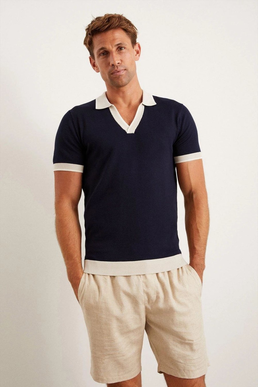 Polo Shirts * | Burton Short Seeve Tipped Jonny Collar Knitted Top Navy