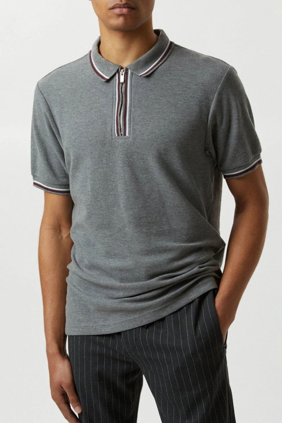 Polo Shirts * | Burton Charcoal Marl Contrast Tipped Polo Shirt Grey