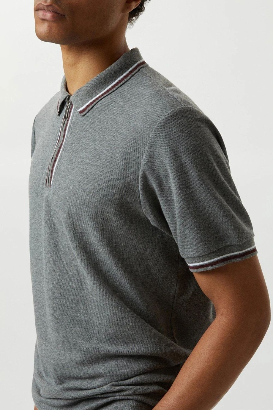 Polo Shirts * | Burton Charcoal Marl Contrast Tipped Polo Shirt Grey