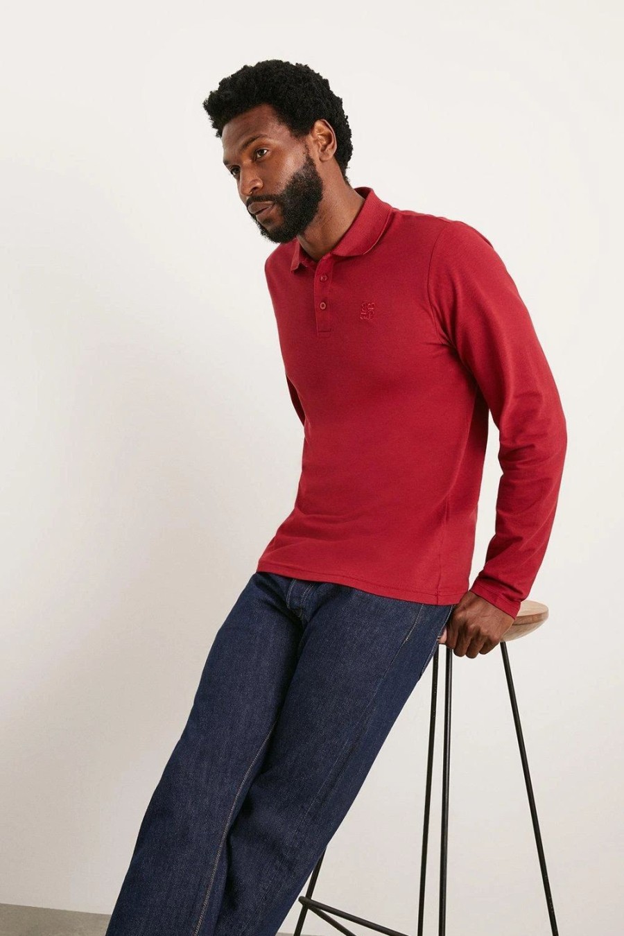 Polo Shirts * | Burton Burgundy Long Sleeve Pique Polo Shirt Red