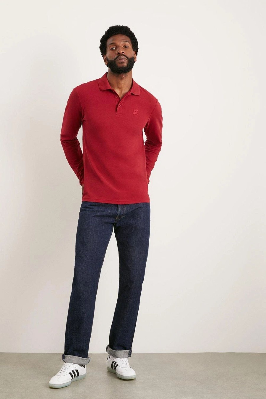 Polo Shirts * | Burton Burgundy Long Sleeve Pique Polo Shirt Red