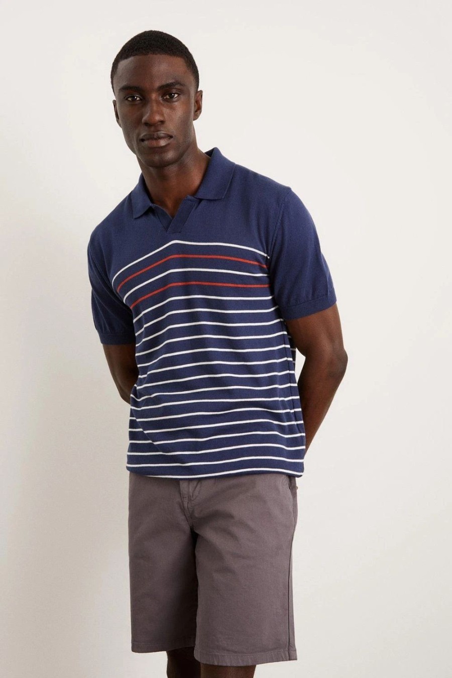 Polo Shirts * | Burton Slim Fit Blue Short Sleeve Stripe Knitted Polo Navy