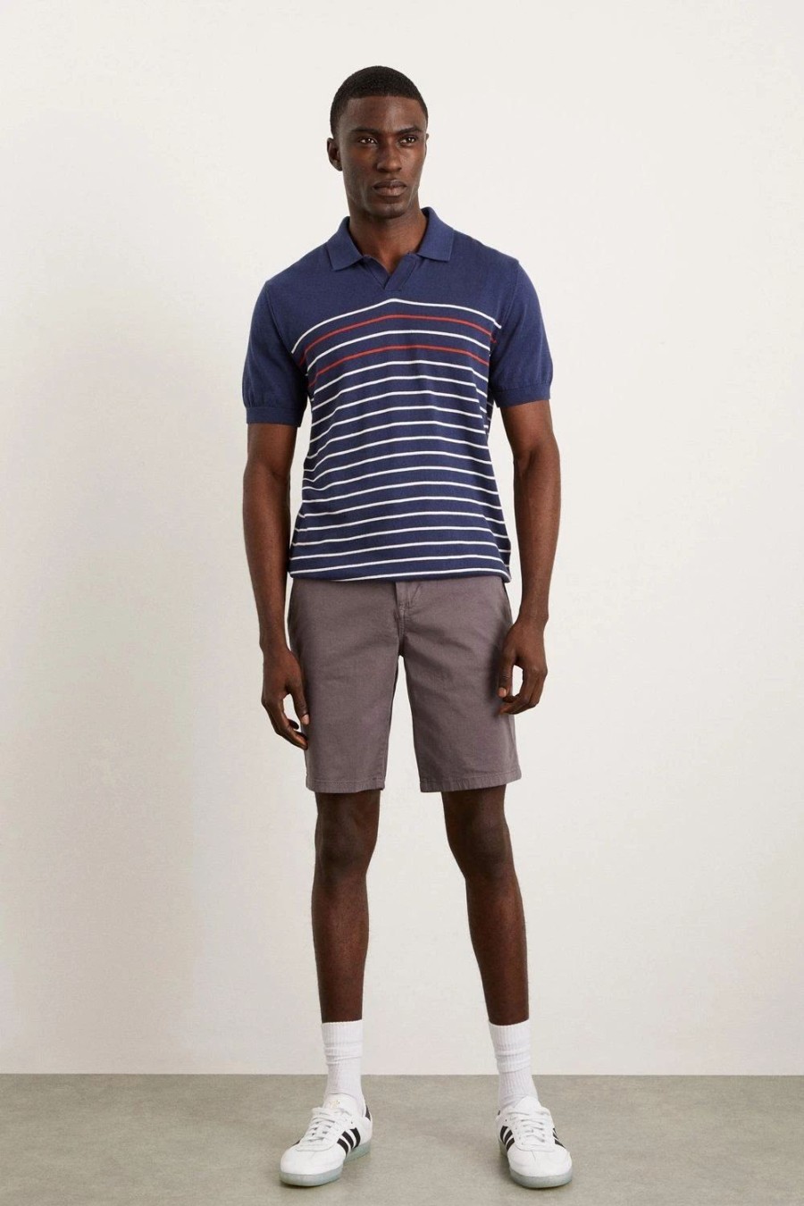 Polo Shirts * | Burton Slim Fit Blue Short Sleeve Stripe Knitted Polo Navy