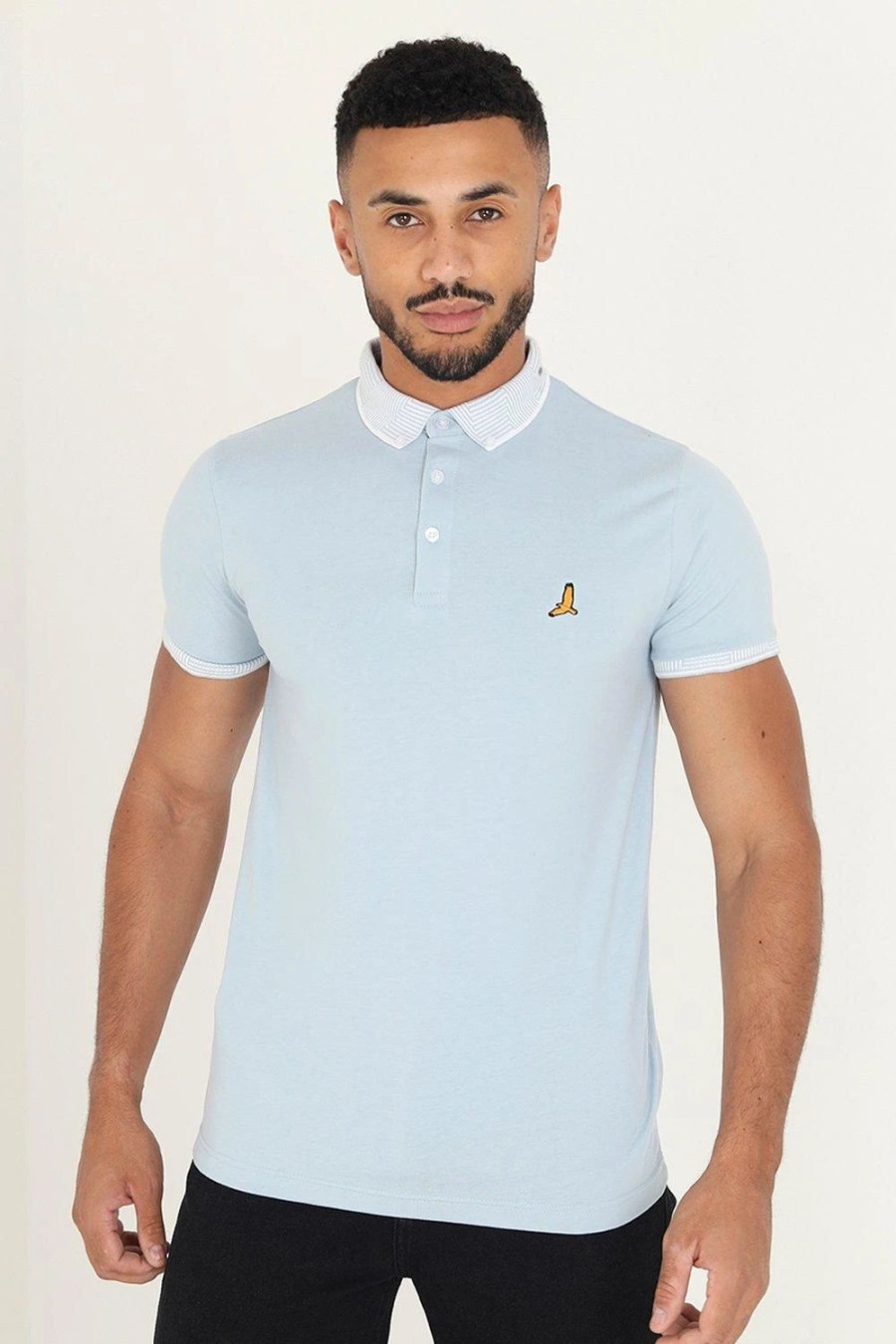 Polo Shirts * | Brave Soul 'Glover' Short Sleeve Jacquard Collar Jersey Polo Shirt Blue