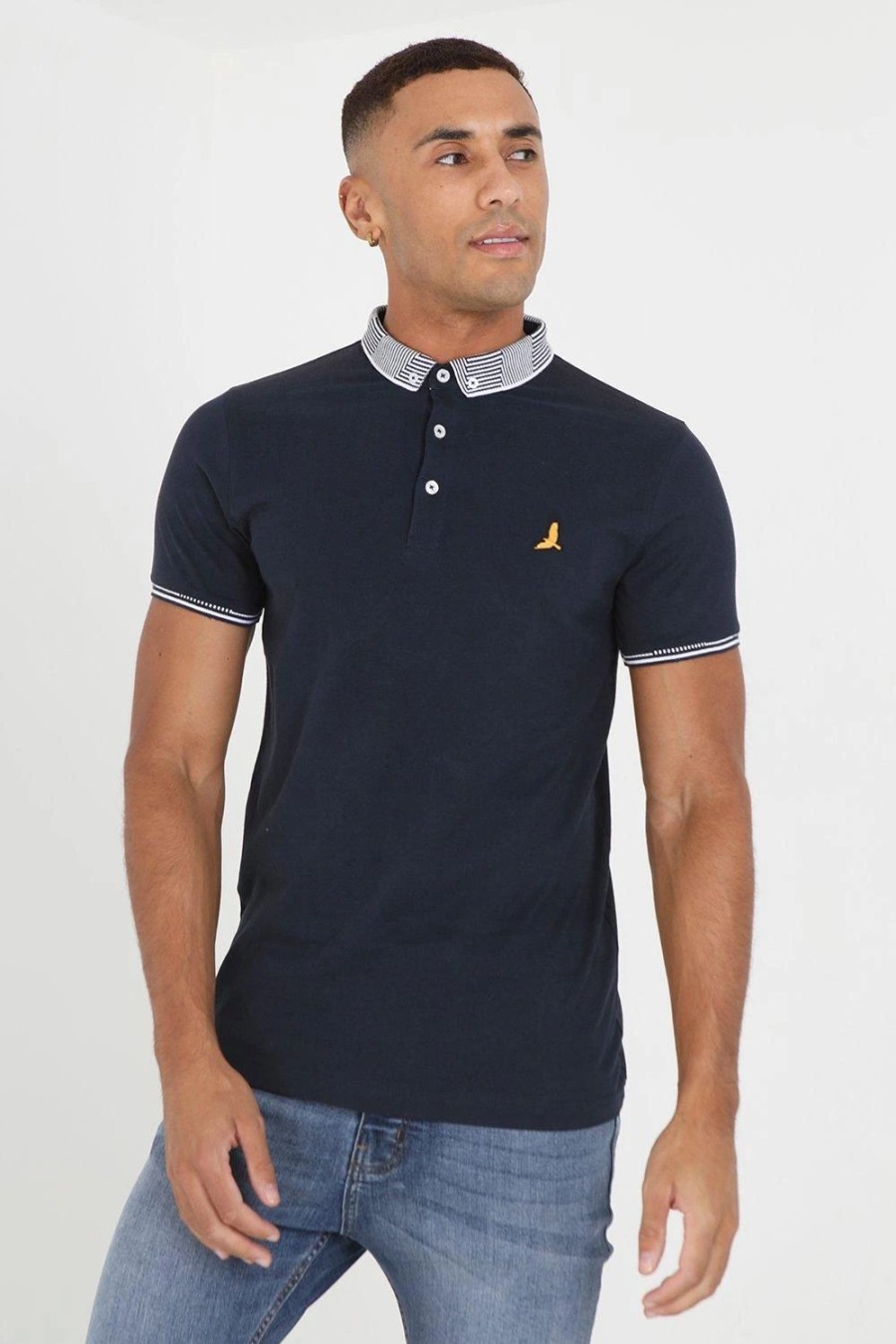 Polo Shirts * | Brave Soul 'Glover' Short Sleeve Jacquard Collar Jersey Polo Shirt Blue