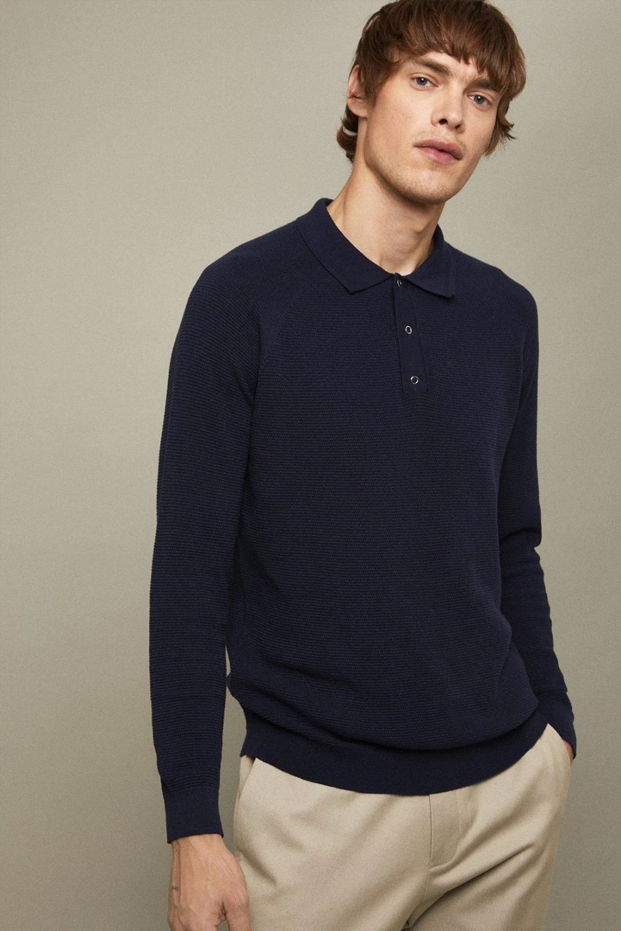 Polo Shirts * | Burton Pure Cotton Textured Long Sleeve Snap Knitted Polo Shirt Navy