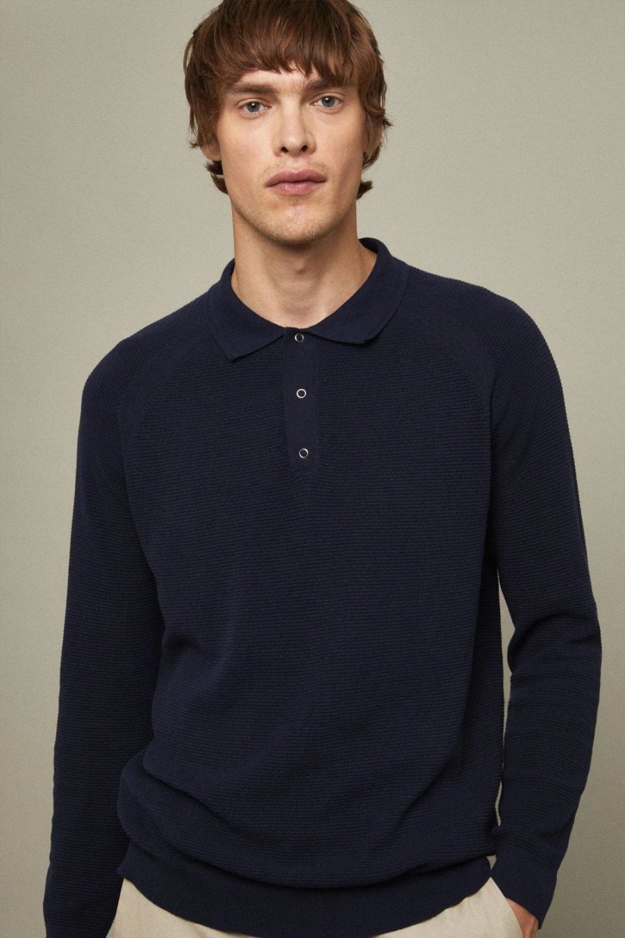 Polo Shirts * | Burton Pure Cotton Textured Long Sleeve Snap Knitted Polo Shirt Navy