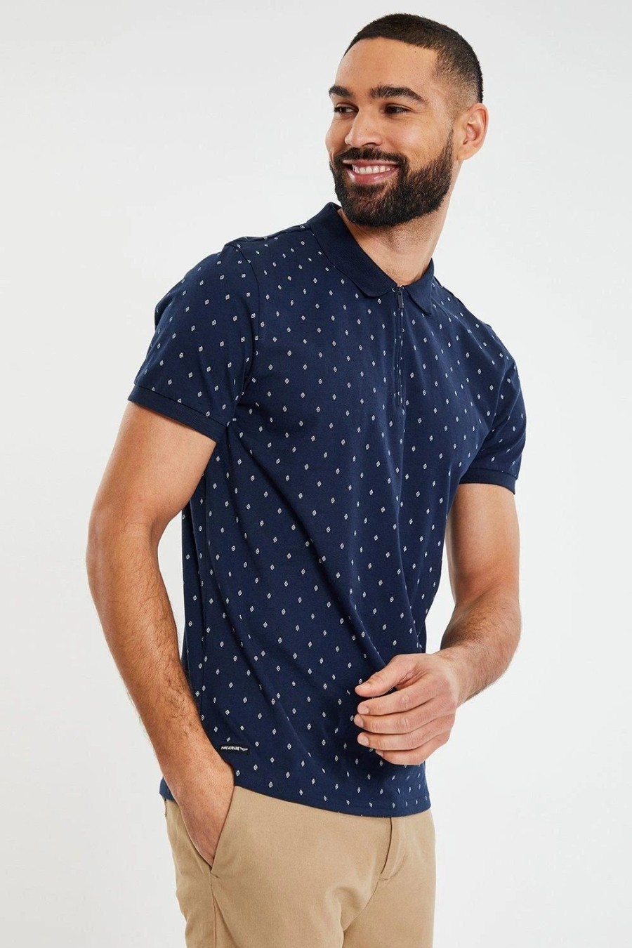 Polo Shirts * | Threadbare Benton' Geometric Print Cotton Jersey Zip Collar Polo Shirt Blue