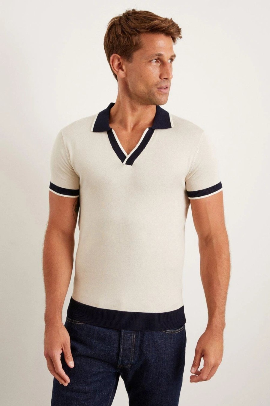 Polo Shirts * | Burton Short Seeve Tipped Jonny Collar Knitted Top Beige