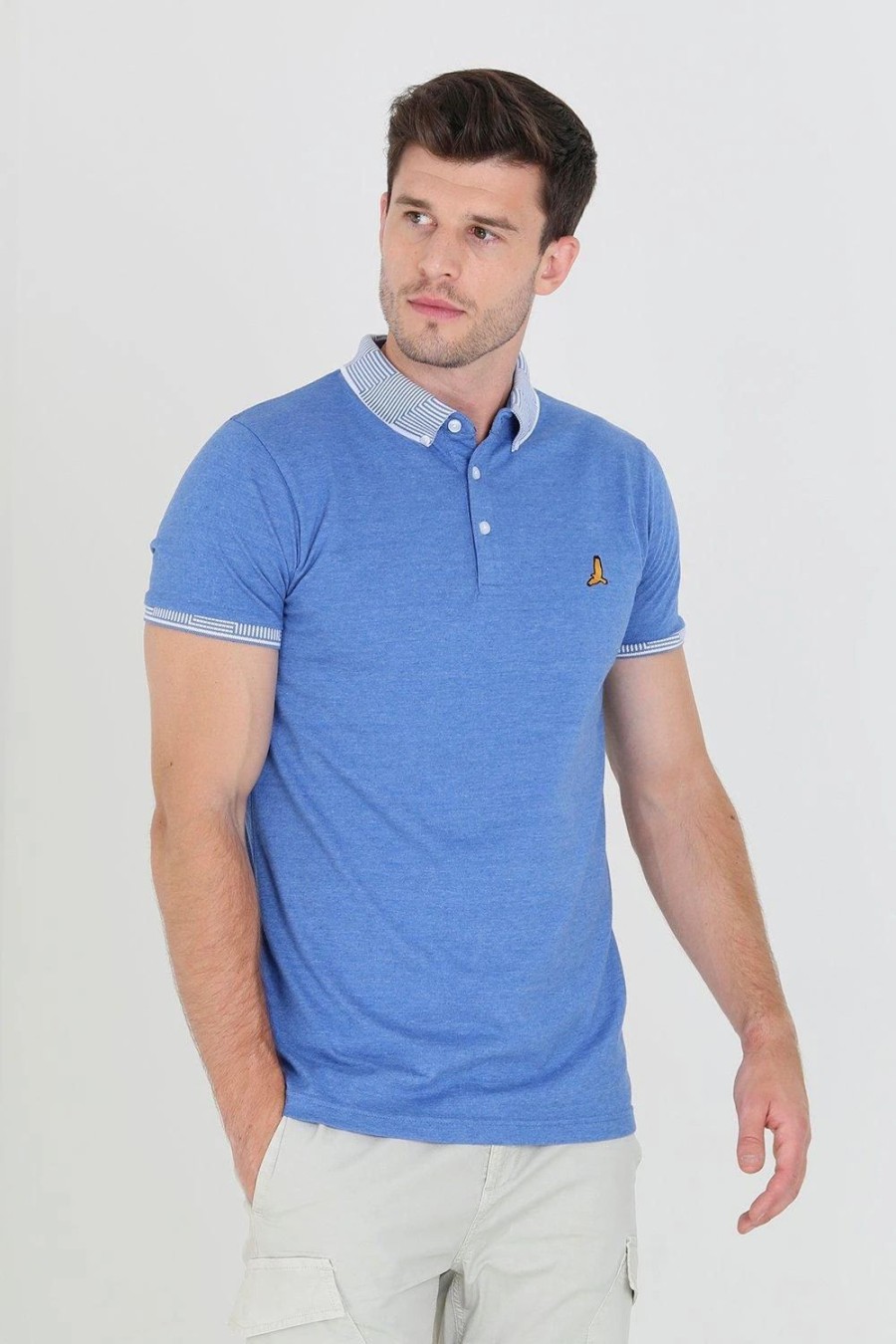 Polo Shirts * | Brave Soul 'Glover' Short Sleeve Jacquard Collar Jersey Polo Shirt Blue