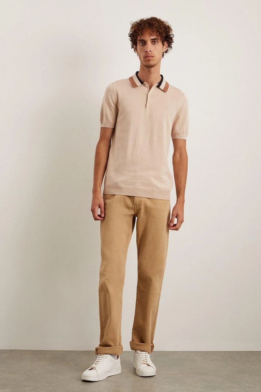 Polo Shirts * | Burton Pure Cotton Stone Collar Detail Knitted Polo Shirt Beige