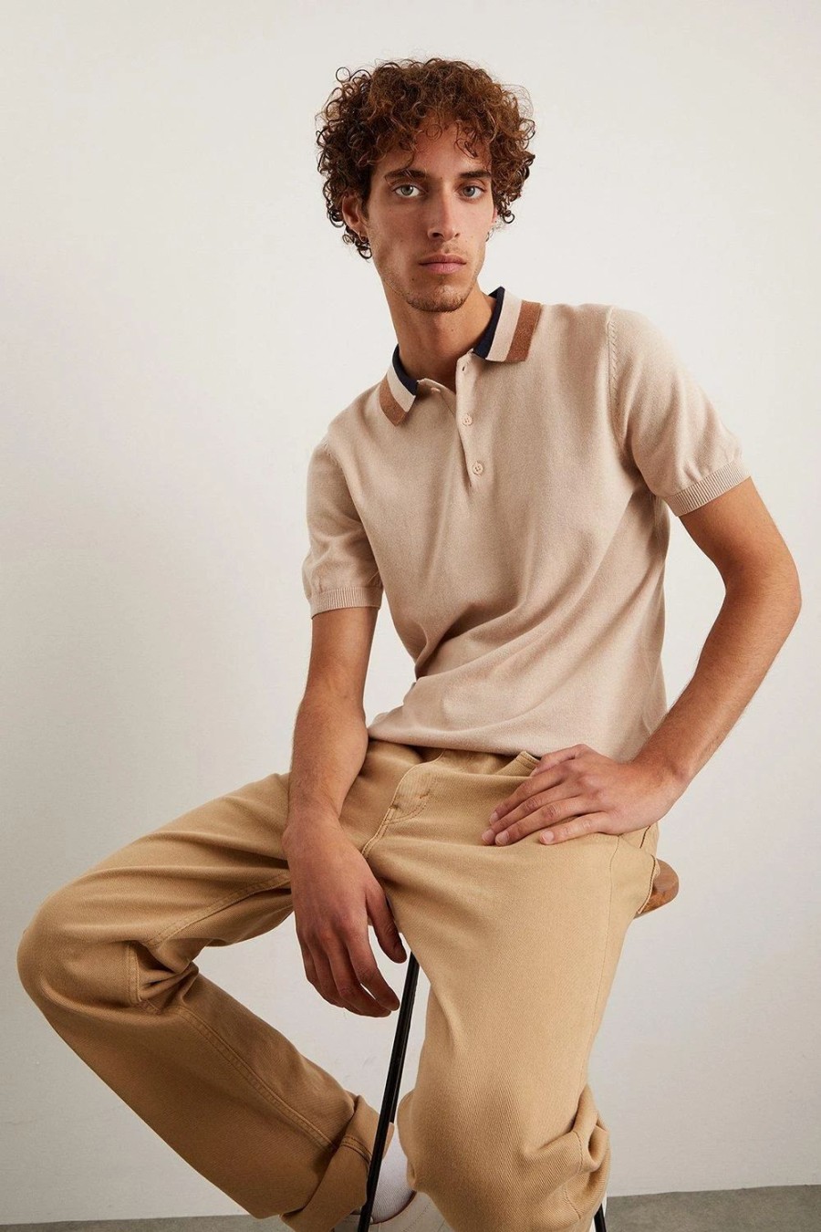 Polo Shirts * | Burton Pure Cotton Stone Collar Detail Knitted Polo Shirt Beige