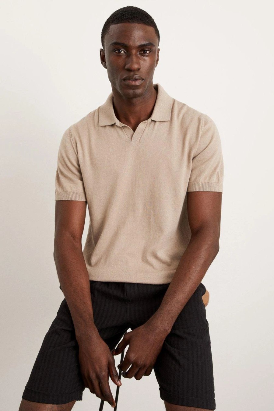 Polo Shirts * | Burton Slim Fit Stone Short Sleeve Knitted Polo Beige