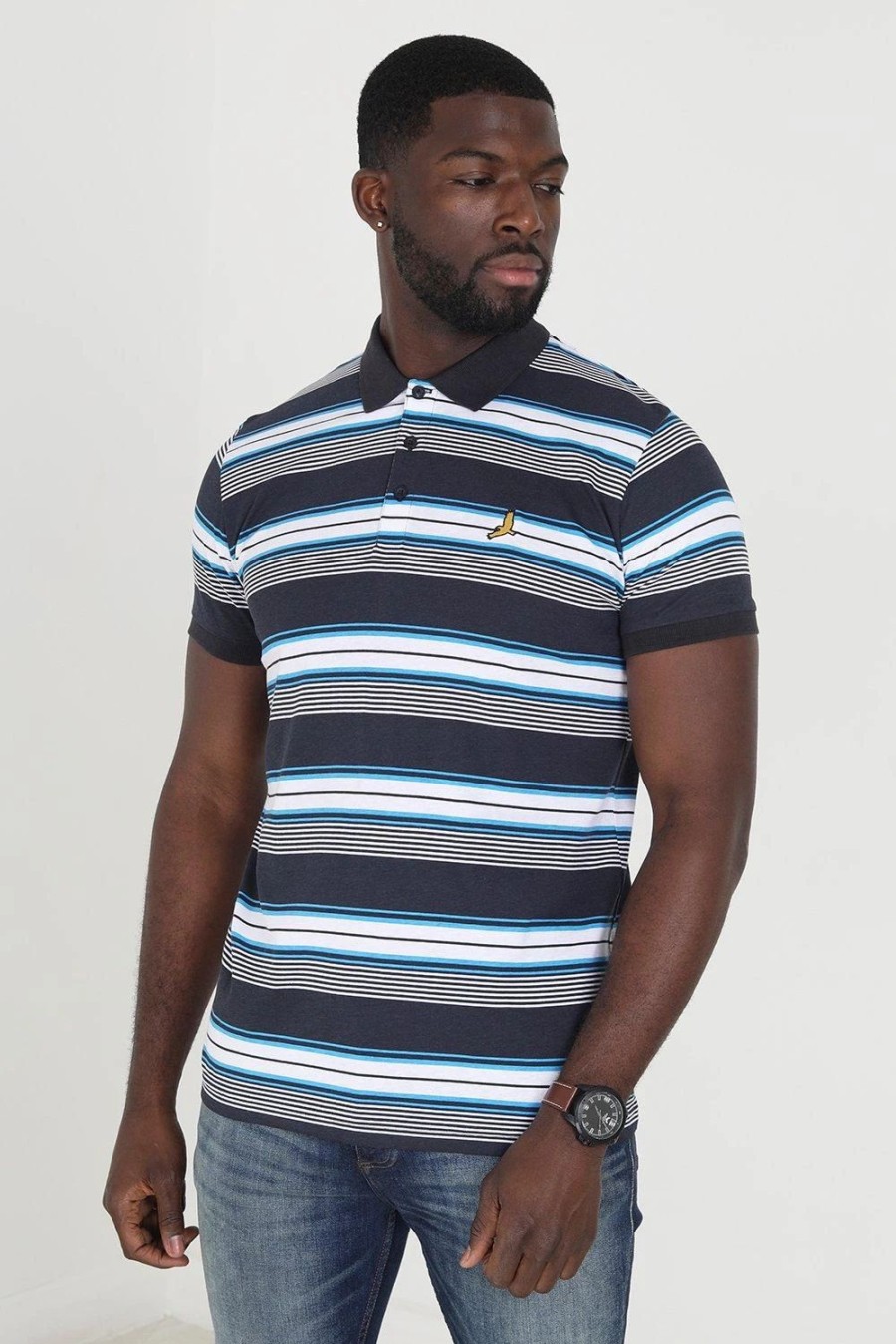 Polo Shirts * | Brave Soul 'Universal' Cotton Jersey Stripe Polo Shirt Blue