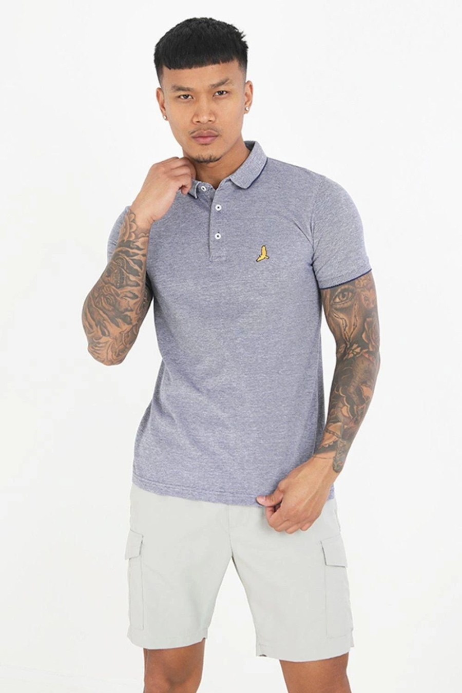 Polo Shirts * | Brave Soul 'Okubo' Short Sleeve Jacquard Trim Polo Shirt Blue