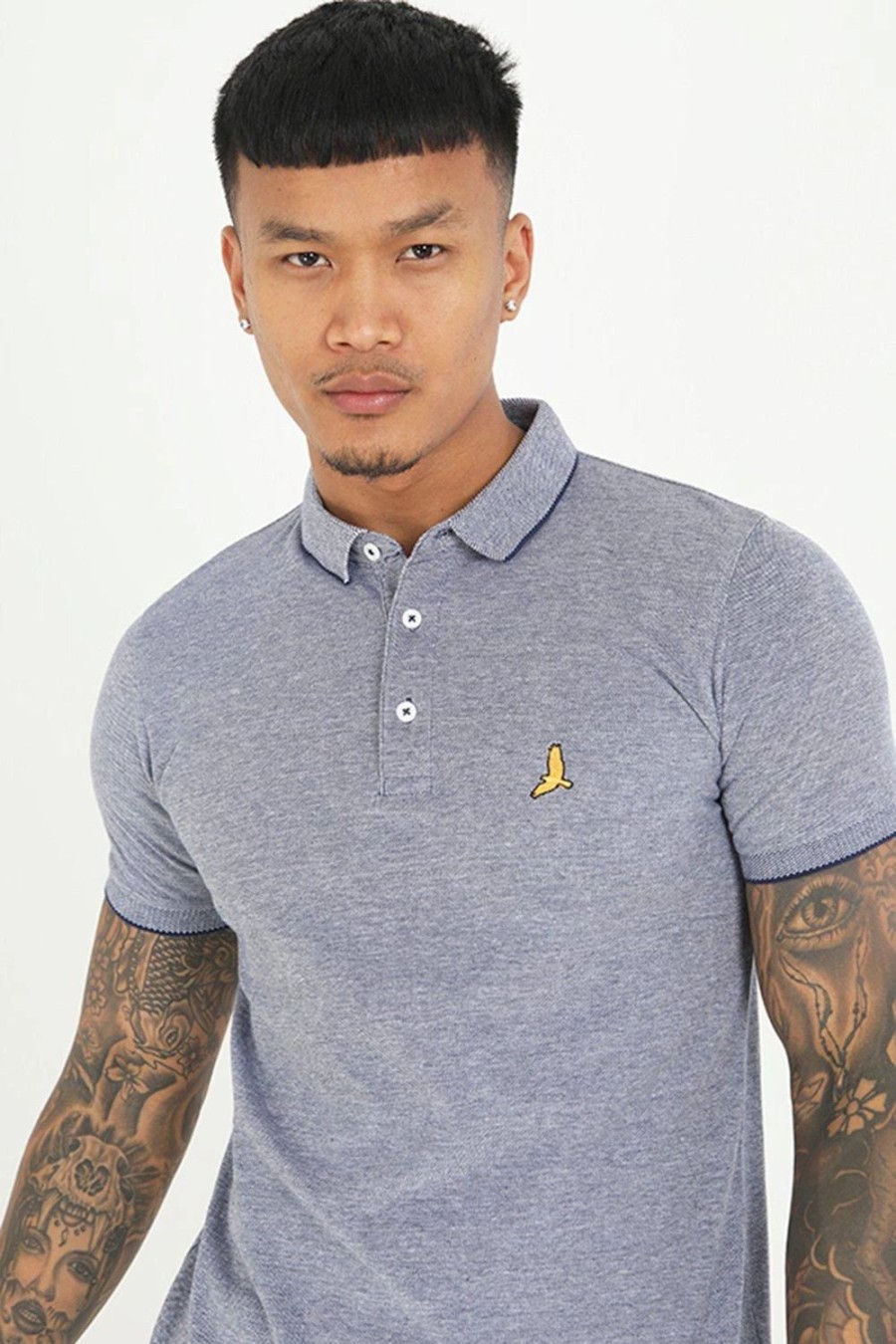 Polo Shirts * | Brave Soul 'Okubo' Short Sleeve Jacquard Trim Polo Shirt Blue