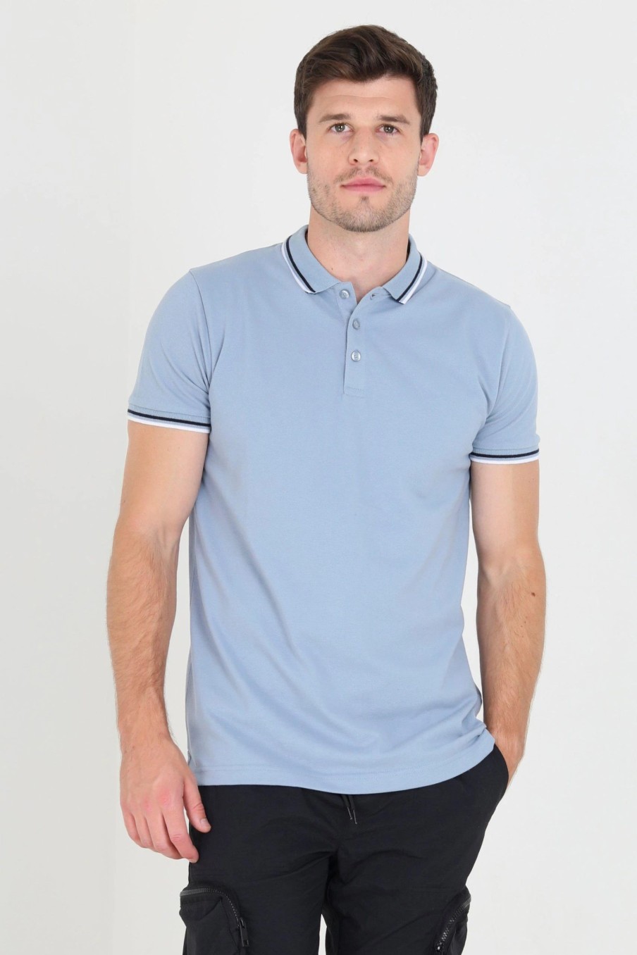 Polo Shirts * | Brave Soul 'Ohma' Short Sleeve Pique Polo Shirt With Contrast Tipping Blue