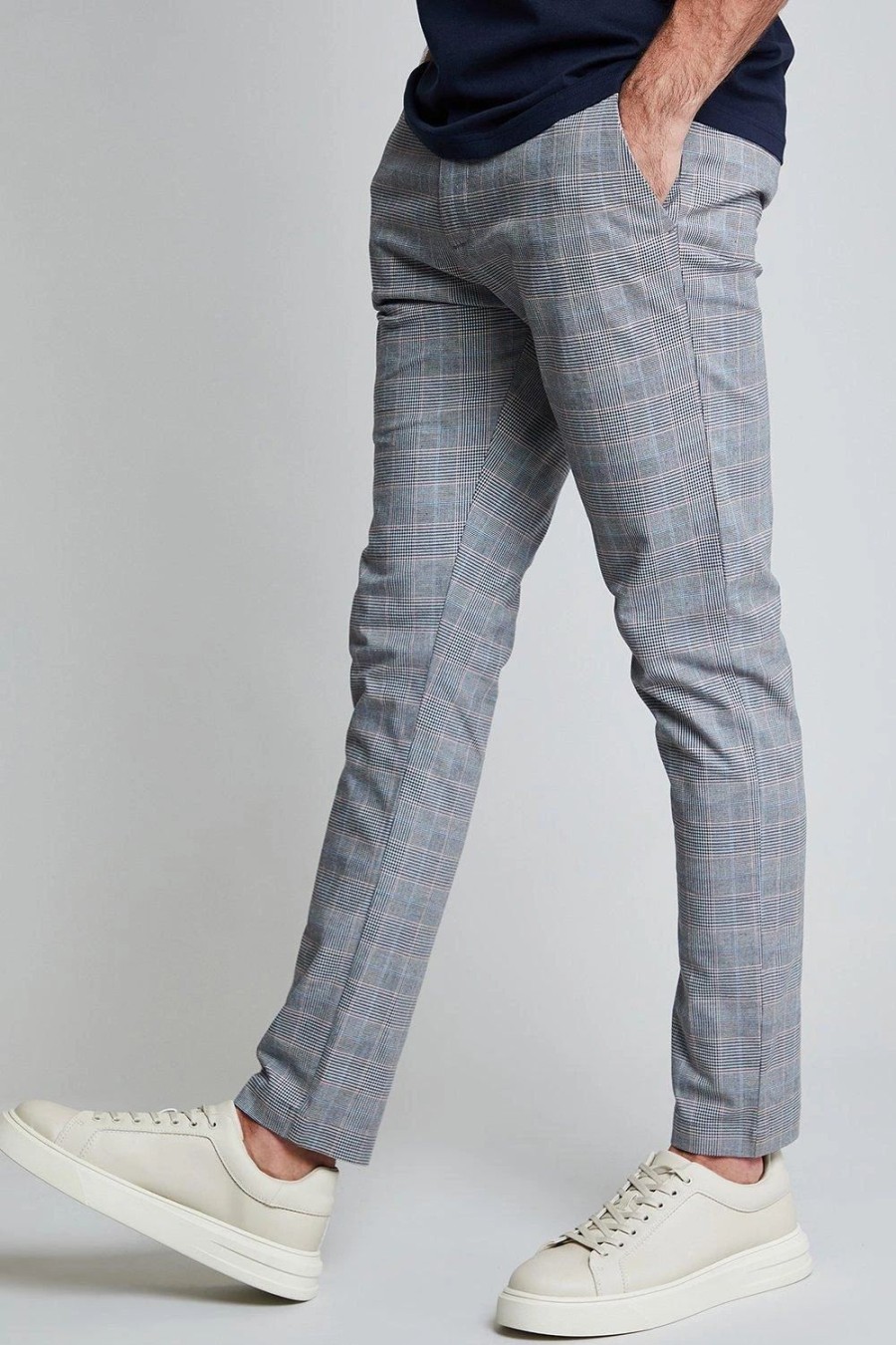 Chinos * | Threadbare 'Azzurro' Luxe Check Chino Trousers With Stretch Grey